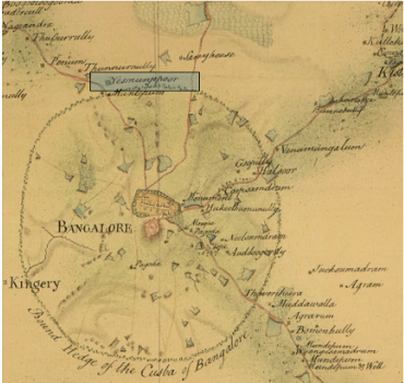 A map of Bangalore in the 1800s, Source: the British Library online catalogue. Colour overlay done by Meghana Kuppa indicating ‘Yashmanjipoor’