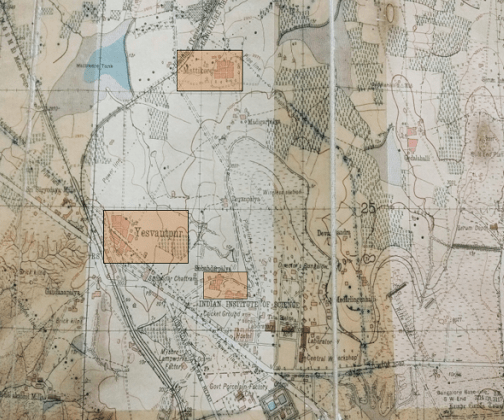 Section of a map surveyed in 1935-36 and published in 1948, Source: Bangalore Guide Map 1948. Colour overlay by Meghana Kuppa indicating ‘Yesvantpur’, ‘Subedarpalya’ and ‘Mattikere’.