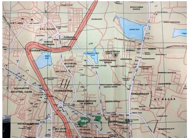 Section of map of Bangalore in 1995, focusing on North-West Bangalore, Source: tourist guide book of Bangalore, 1995. Colour overlay by Meghana Kuppa.