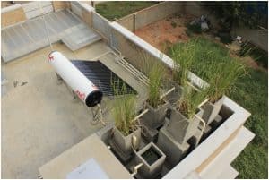 A rooftop rainwater treatment (RWH) system.