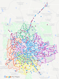 Locations of fatal pedestrian crashes in Bengaluru in 2017 and 2018