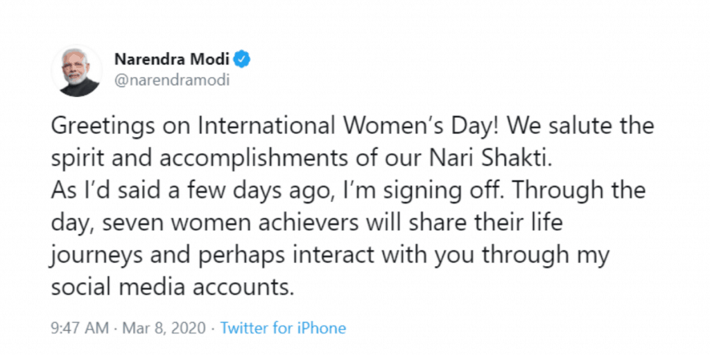 Prime Minister Narendra Modi went off social media, including Twitter, to let 7 women take over his account to share their inspiring stories. This was the PM's social media campaign to celebrate Women's Day 2020.