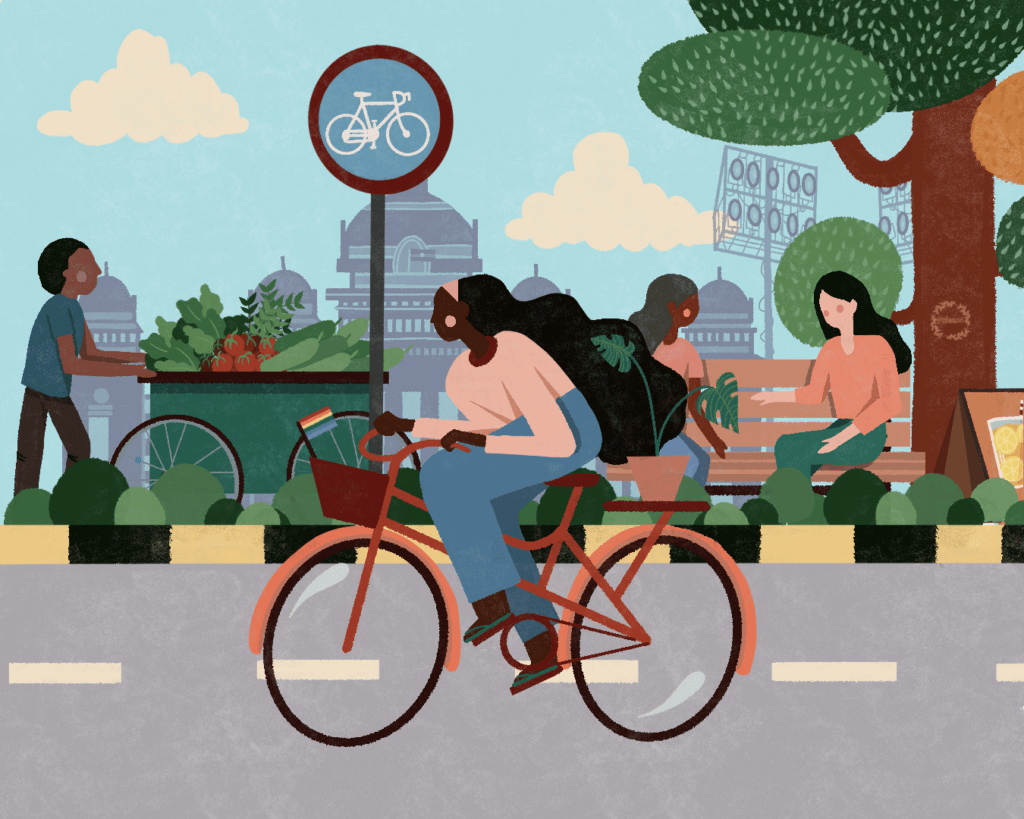 An illustration of women cycling
