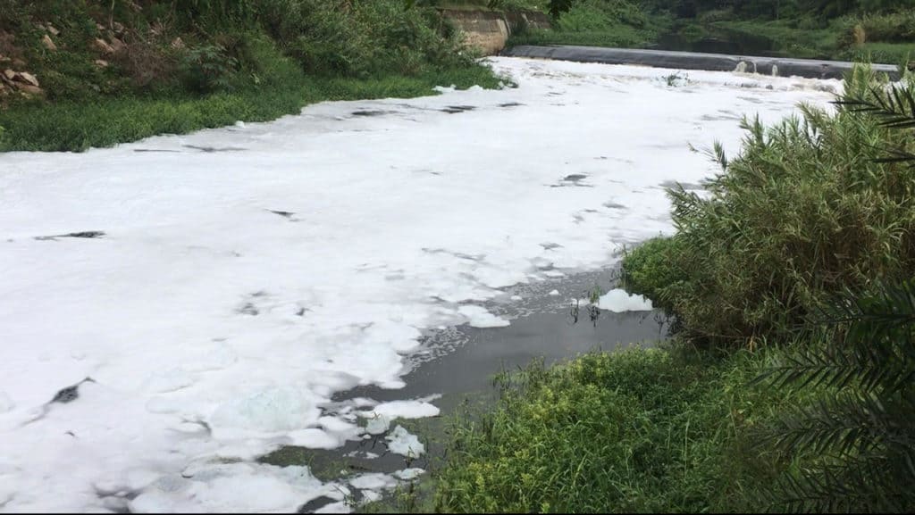 A foaming and frothing Vrishabhavathi River at Kanakapura