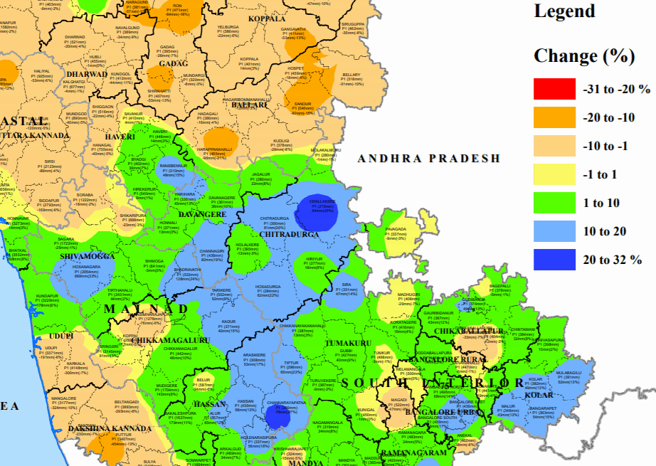 Map of rainfall in Karnataka: Rainfall in Bengaluru Urban district increased by 13% from 1991 to 2017 compared to 1960 to 1990