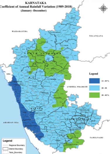 Map showing that Bengaluru Urban district had annual variability in rainfall across 25% of the years between 1989 and 2018