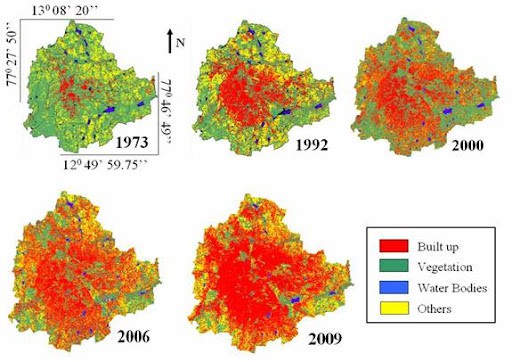 Map showing how built-up area has replaced green cover in Bengaluru over time