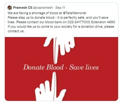 screenshot of tweet from a citizen pleading for blood donation