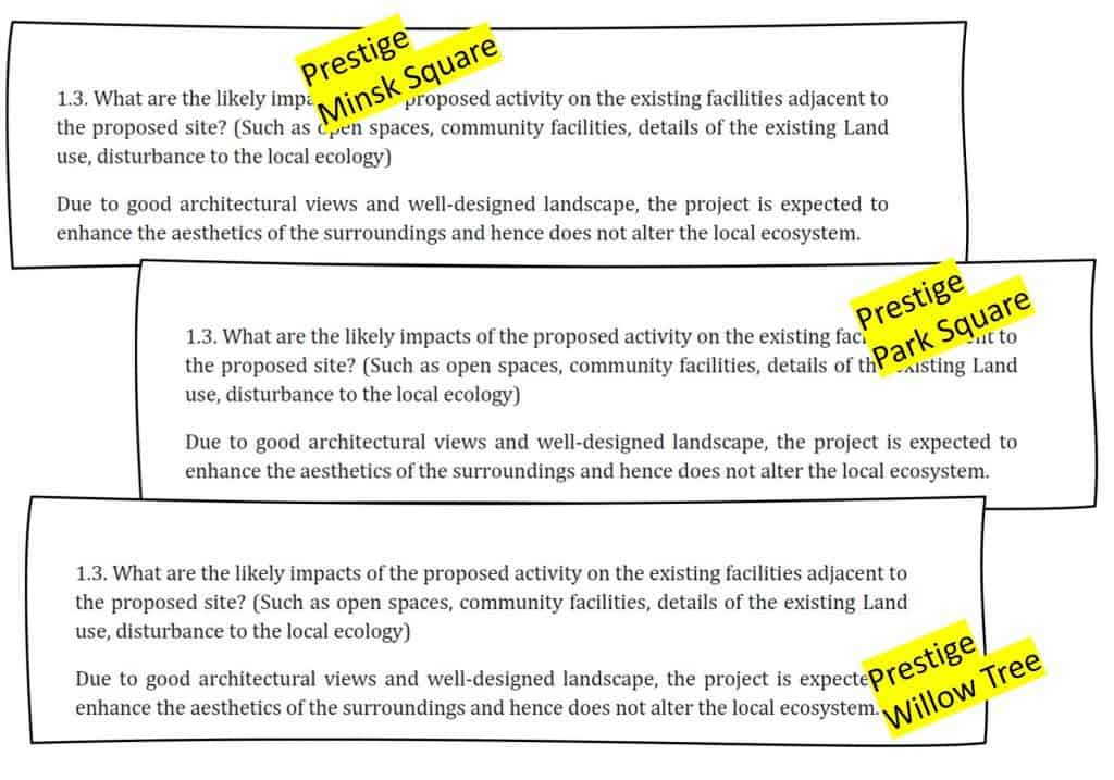 Screenshots of Form 1a of Prestige Minsk Square (top), Prestige Park Square (middle) and Prestige Willow Tree (bottom) shows identical response to the query about the impacts on local environment