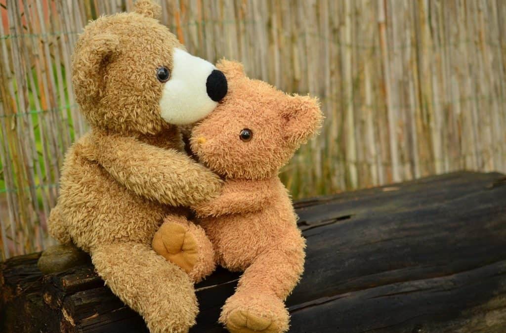 Two soft toys locked in an embrace indicating support and empathy