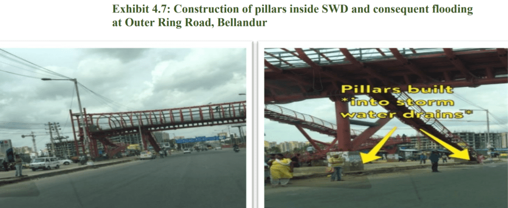 Pillars of a skywalk on Outer Ring Road is built inside the stormwater drain