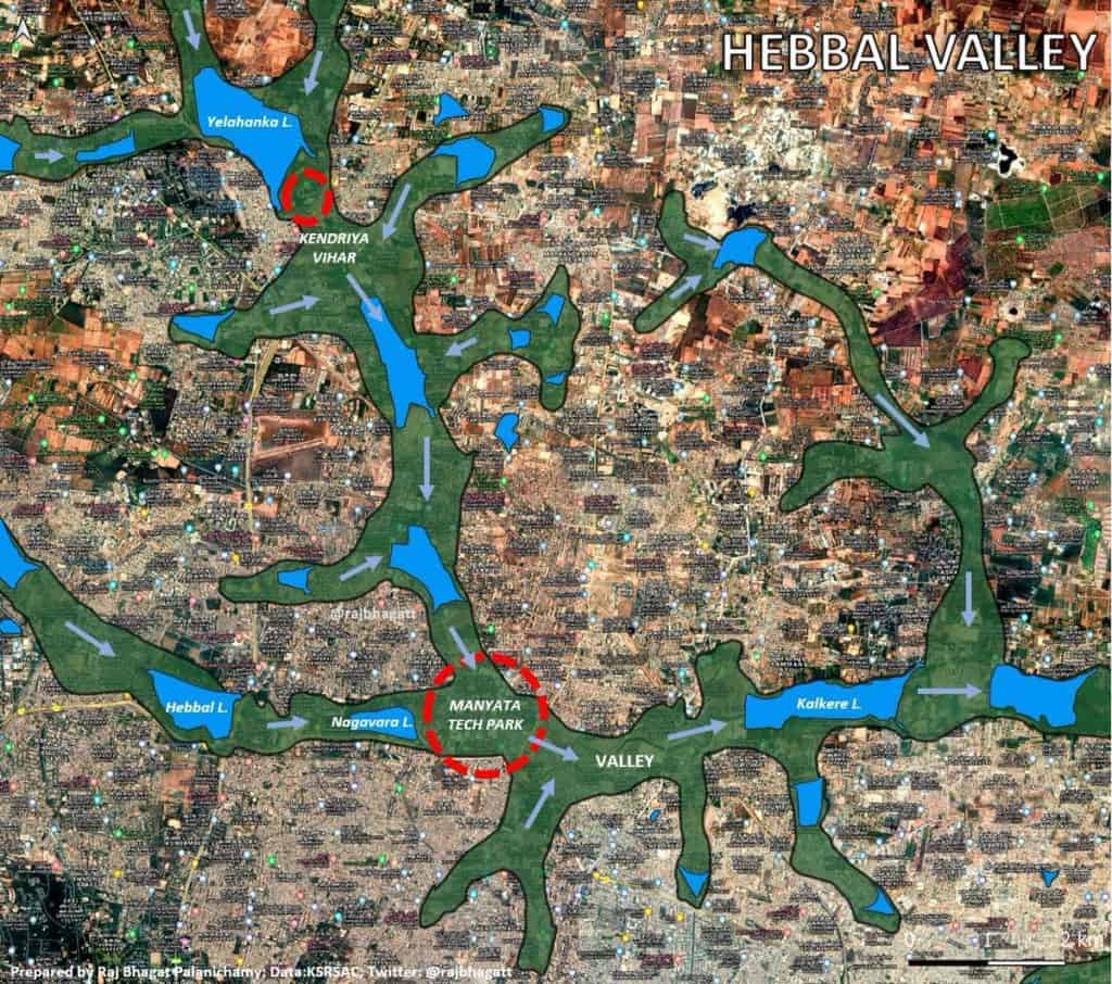 Map showing Hebbal valley with development right in the middle of the valley zones