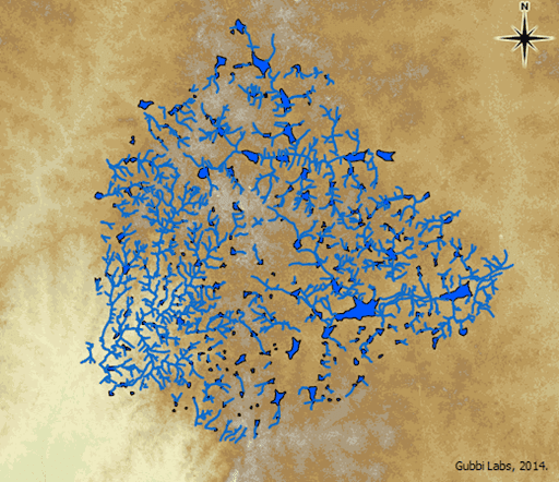 A map of tanks and streams created by Gubbi Labs, based on the ‘Tank Map of Bangalore Taluk’ circa 1920