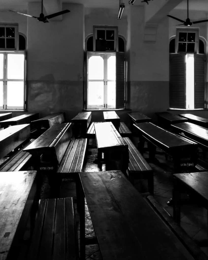 an empty classroom of St Xavier's College, Mumbai