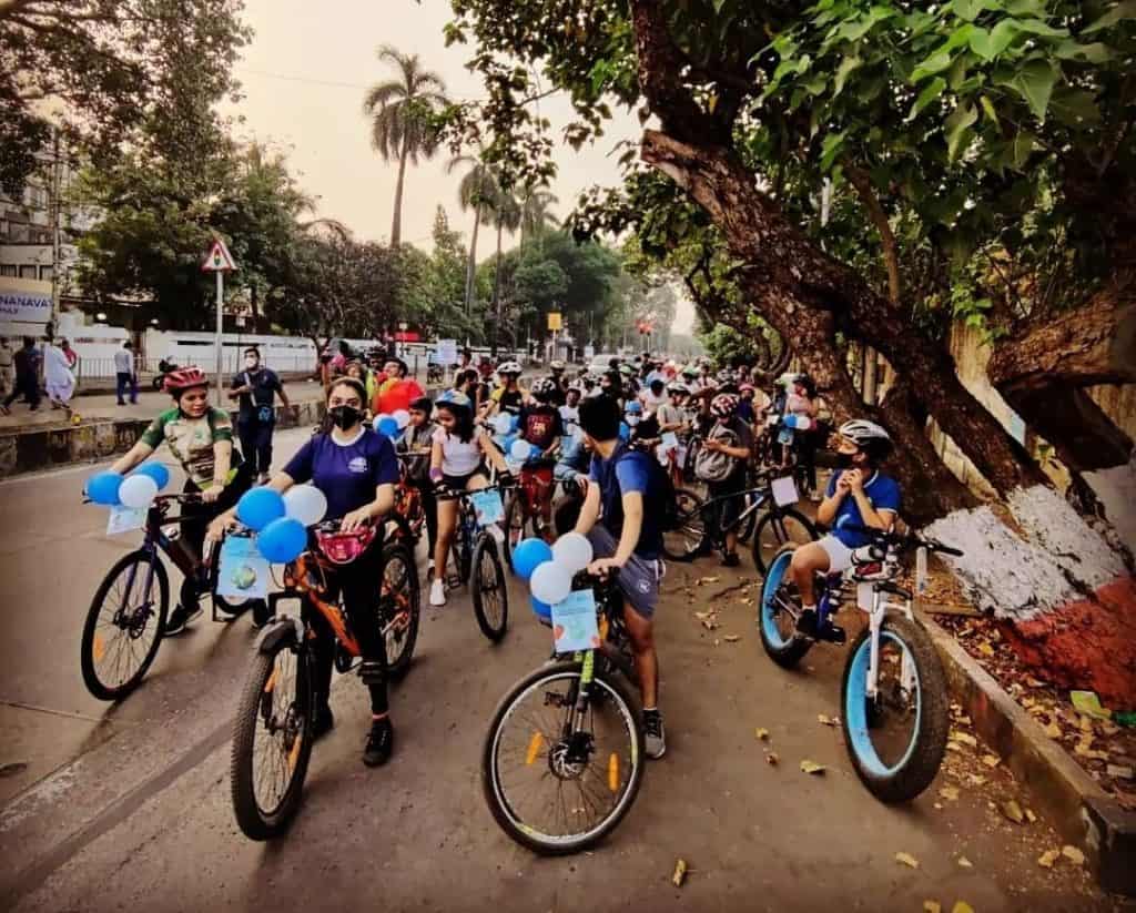 Children gather for a cycle ride on Children's day as part of cycle chala city bacha campaign
