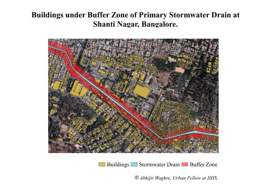 Satellite image of Buildings in the Buffer Zone of Primary Stormwater Drain at Shanti Nagar.