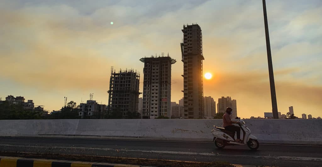 view of buildings in Lower Parel, Mumbai, shadowed by the sunset