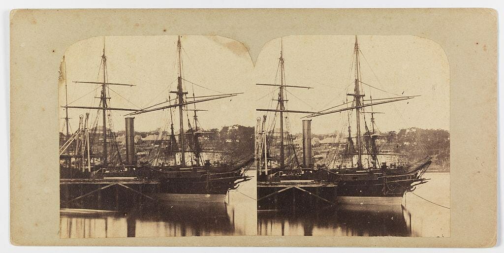 Archival image of an SS Bombay ship at a port in Sydney, 1662