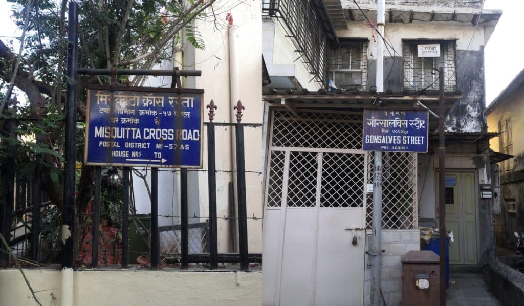 Sign boards of Misquitta Cross road and Gonsalves street in the Vile Parle gaothan