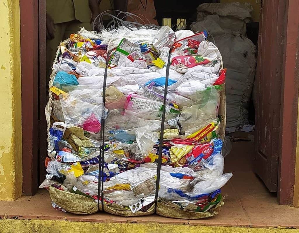Waste stacked using manual baler from Hasiru Dala