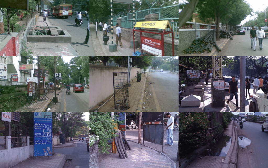 Collage showing obstructions to walking on city streets