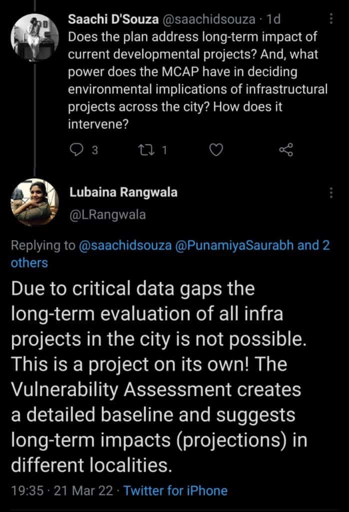 Twitter reply from Saachi D'Souza asking about how the MCAP intervenes in unsafe developmental projects