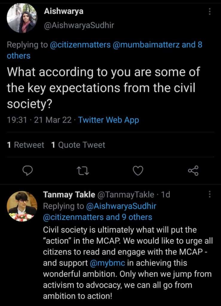 twitter screenshot from citizen matters tweet chat on MCAP