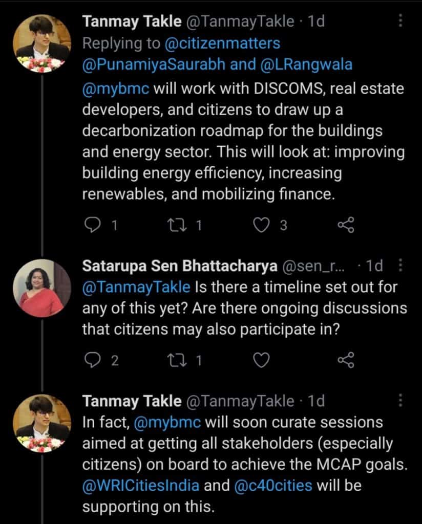 twitter screenshot of tanmay takle, satarupa bhattacharya discussing minimising carbon emissions.