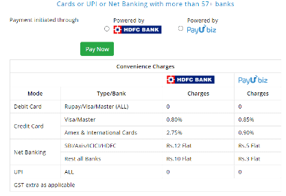 Convenience charges on different payment options for BBMP Property Tax online payment