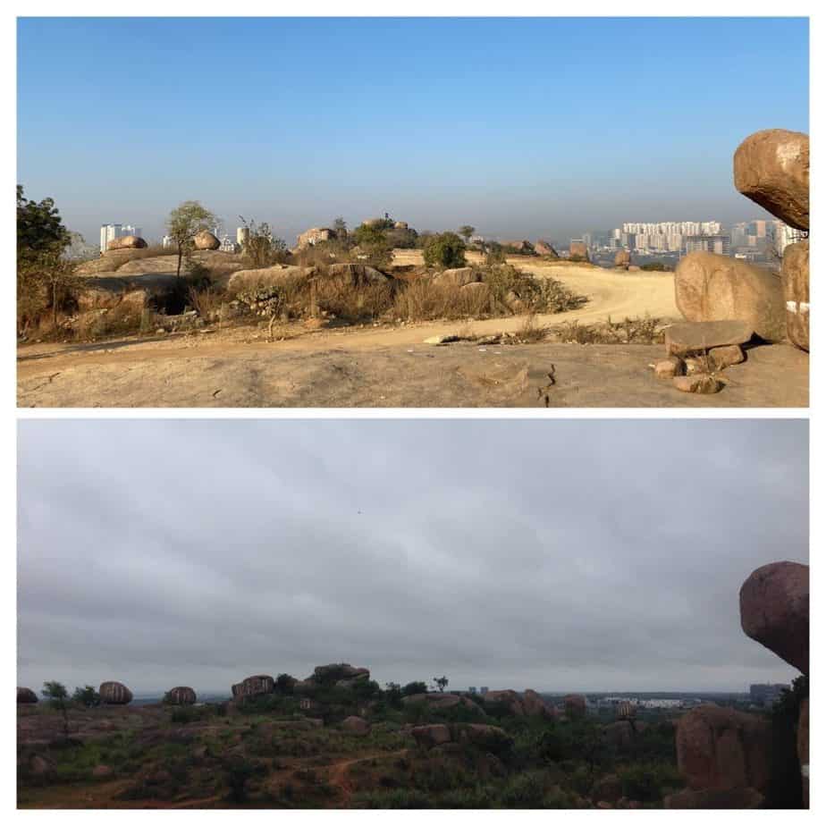 Comparison of the area near the Khajaguda Cave Trails before and after it was flattened with dirt.