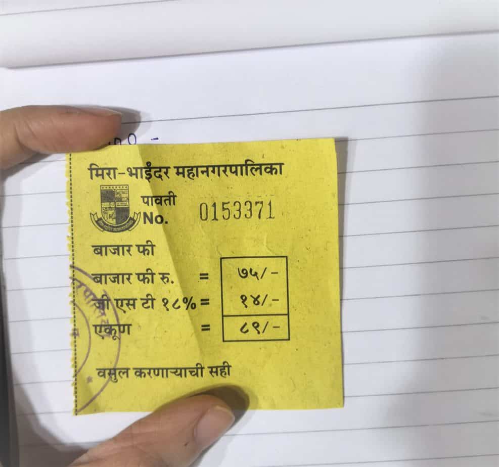 A pauti (receipt) of Rs 89 for hawking in Mira Road. 
