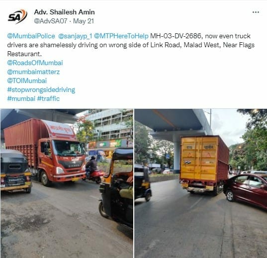 A tweet complaining of a truck driving on the wrong side in the middle of the road