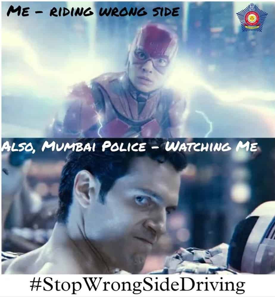 A superhero meme mashup countering a wrong side driver with Mumbai police as superman