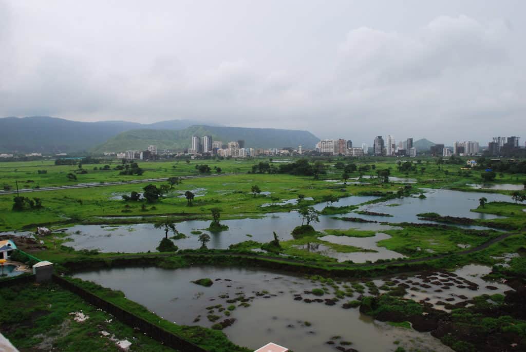 patches of green in Kharghar at the backdrop of hills and buildings