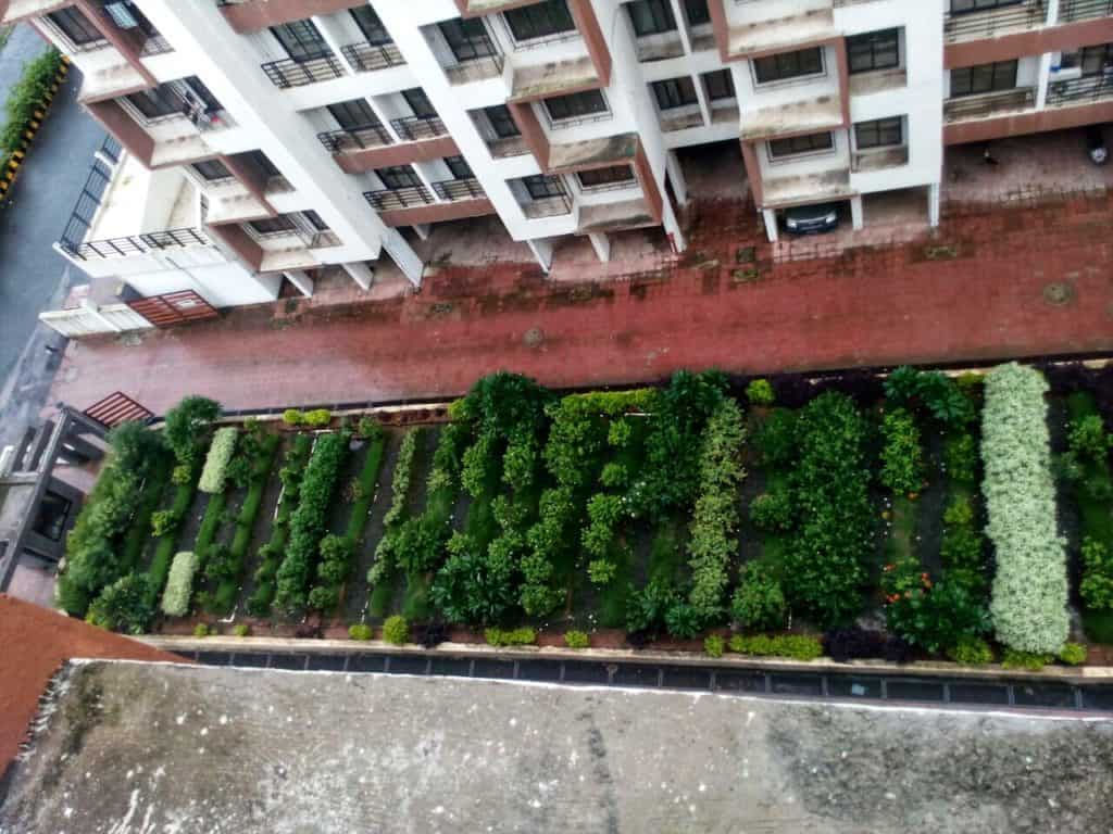 A green STP that looks like a garden in between two buildings