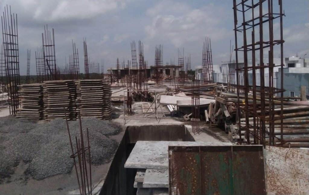 The terrace of the construction site where the migrant workers live and work