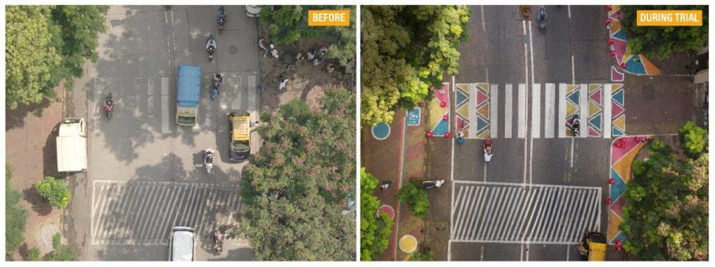 before image shows that there was no clear demarcation of a school zone which enabled rash driving. after picture shows more safety signages and colourful crossing to show that it's a school zone.