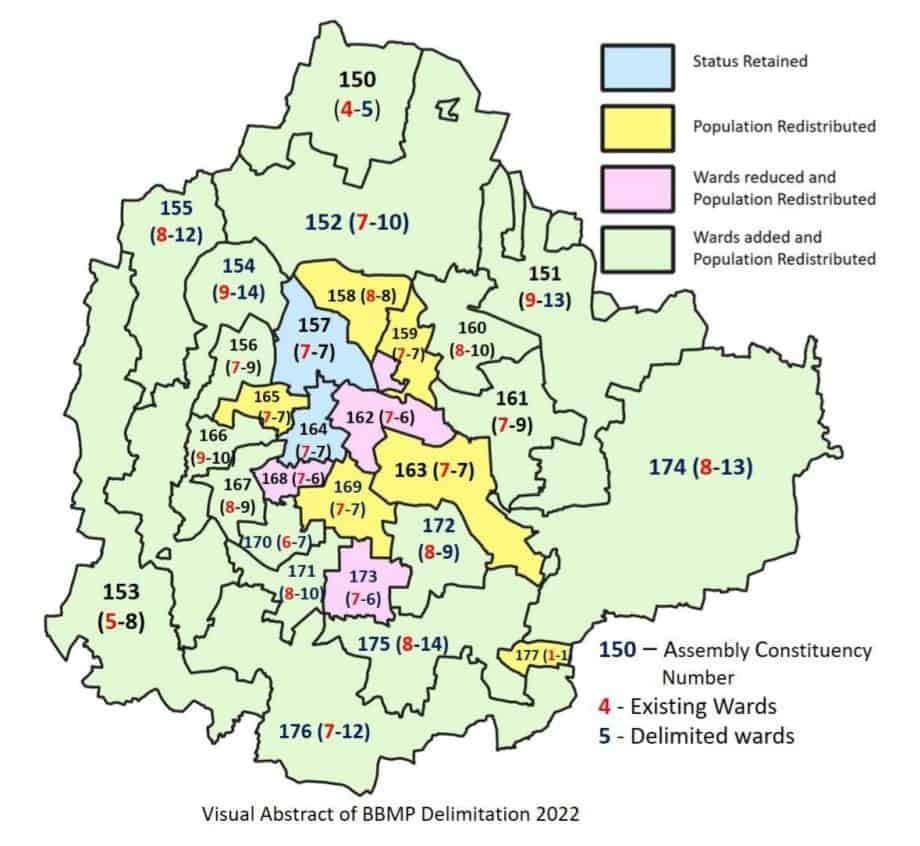 Map showing change in BBMP ward numbers as per the draft delimitation report