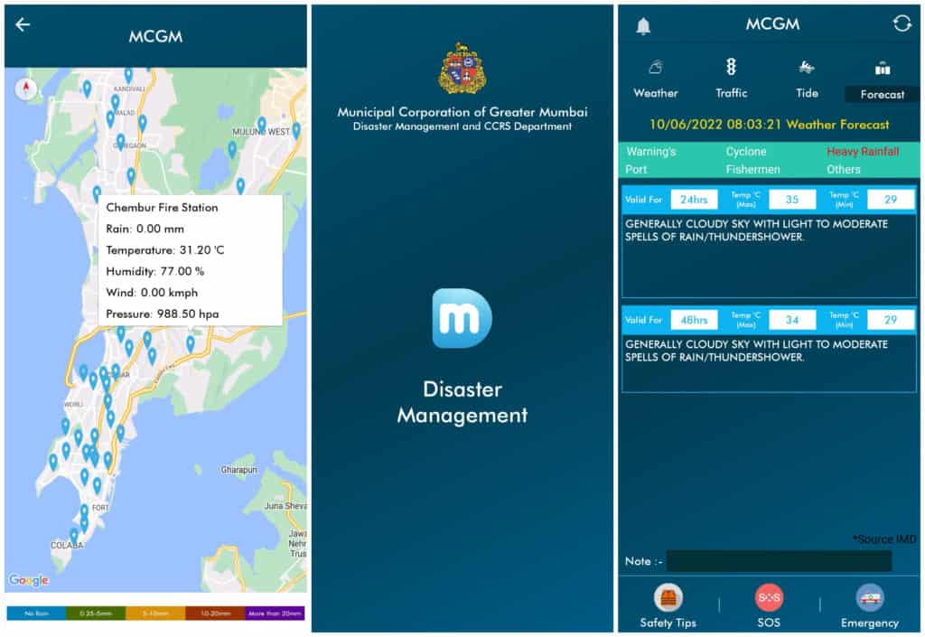 Screenshots from the BMC's disaster management app showing the level of rain in spots in Mumbai and the forecast