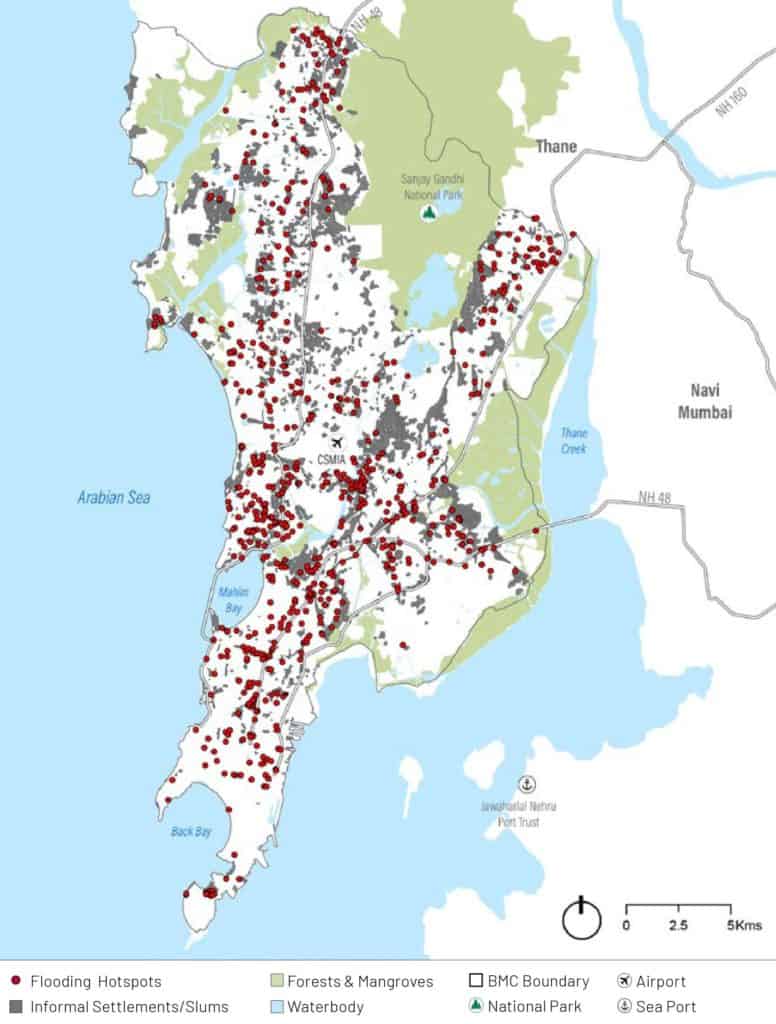 A map of the flood-prone areas and informal settlements marked in Mumbai 