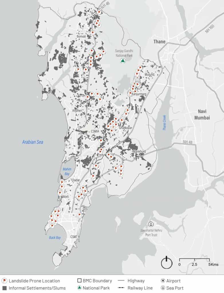 A map of the landslide-prone areas and informal settlements marked in Mumbai