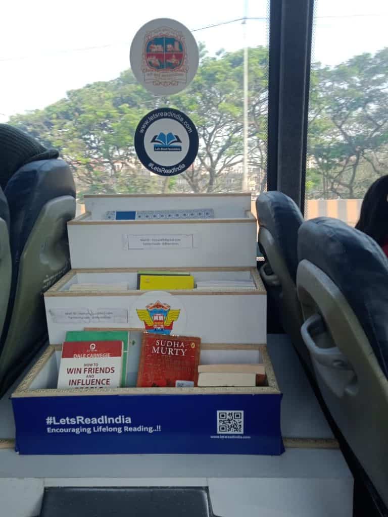 A book crate in an NMMT bus filled with books that acts as a mobile library service