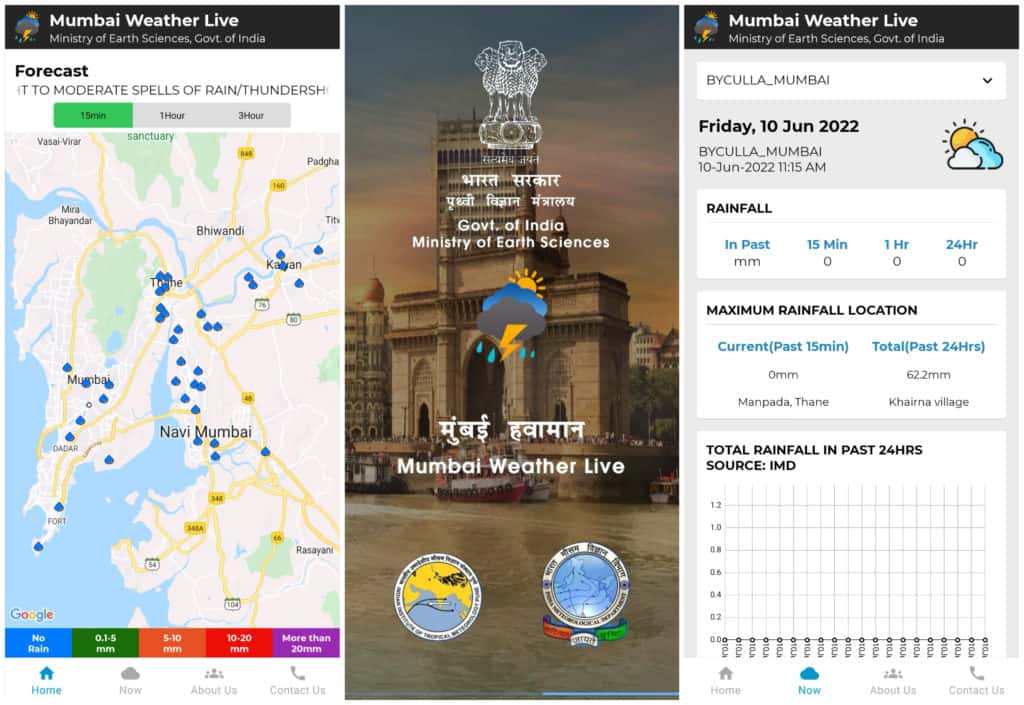 Screenshots from the Mumbai Weather Live app showing the collected rainfall level in spots in Mumbai and Navi Mumbai 