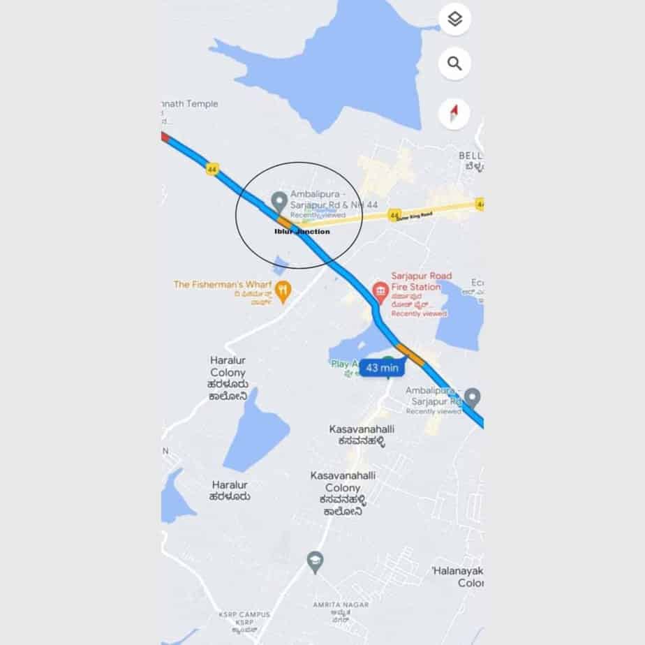 Map of route on Sarjapur Road through Iblur Junction