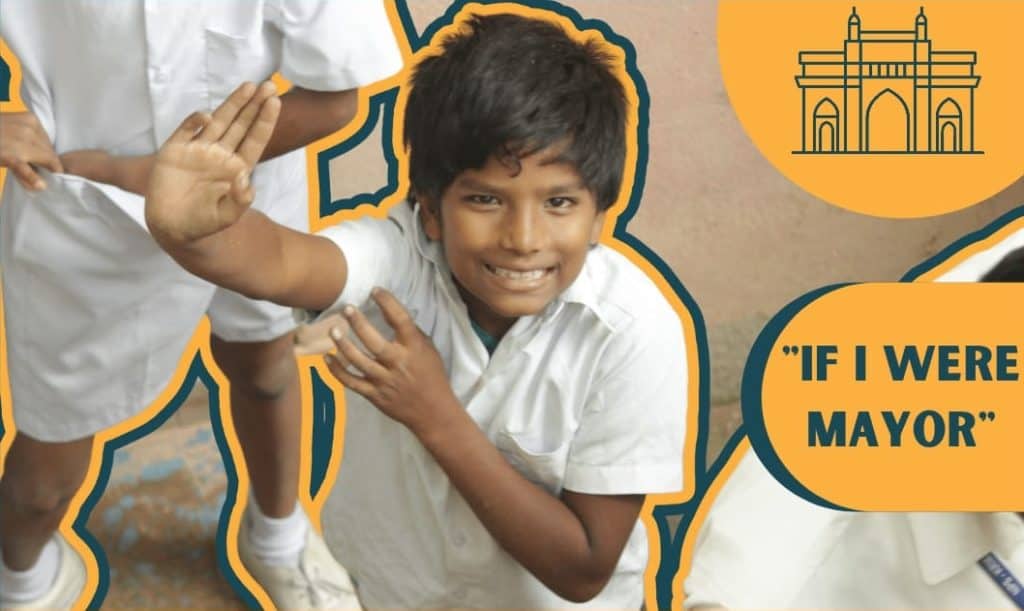 poster of the 'I fI were the Mayor' contest with a child in uniform waving at the camera