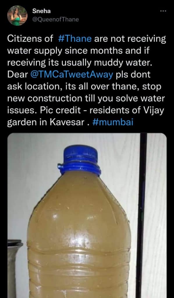 screenshot of a tweet from Queen of Thane that talks about unclean water in Thane