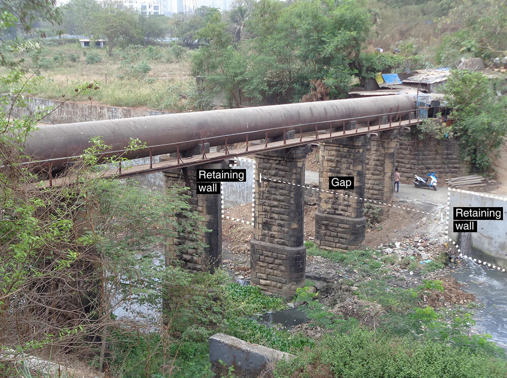Gaps in the retaining walls built on Mithi river