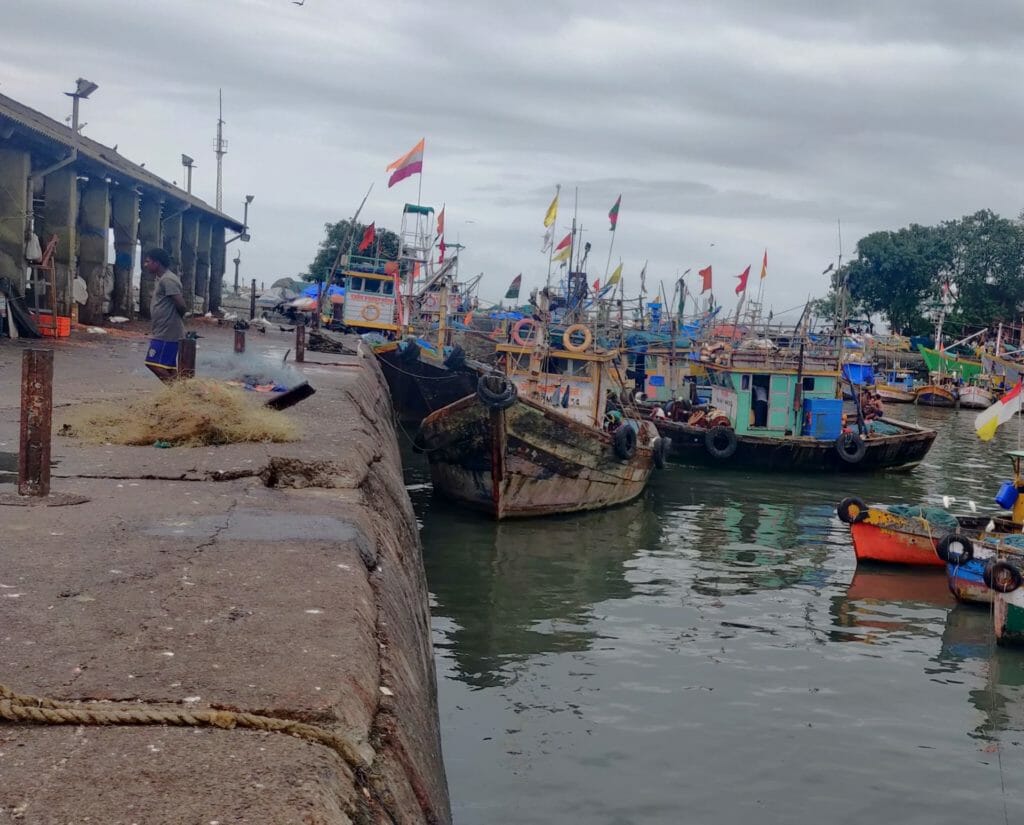 A scene like any other day at Sassoon Docks in Colaba, Mumbai, where boats are docked with various flags them.   