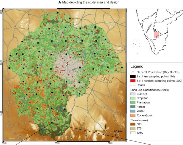 Bengaluru map showing land use patterns spanning across an area of 80 sq km from the city centre