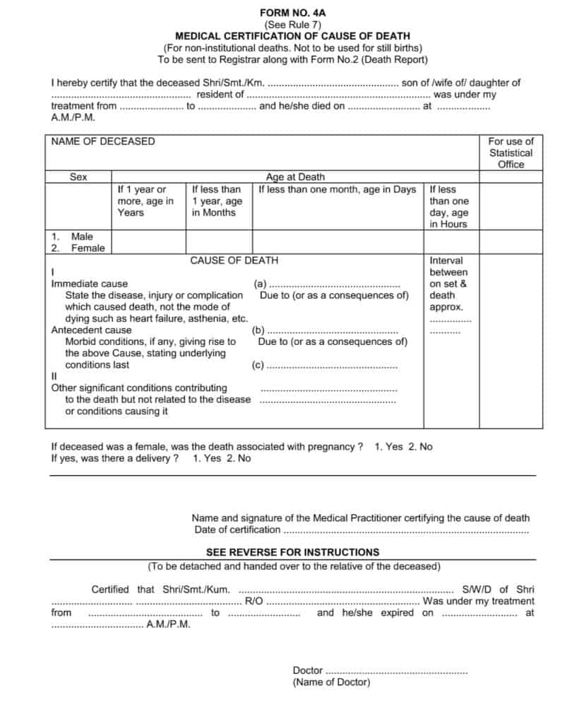 Medical Certification of Cause of Death form for non-institutional deaths. Medical Certification of Cause of Death form for institutional deaths. Space to write immediate cause of death, antecedent cause, and other significant conditions has been provided here as well. 